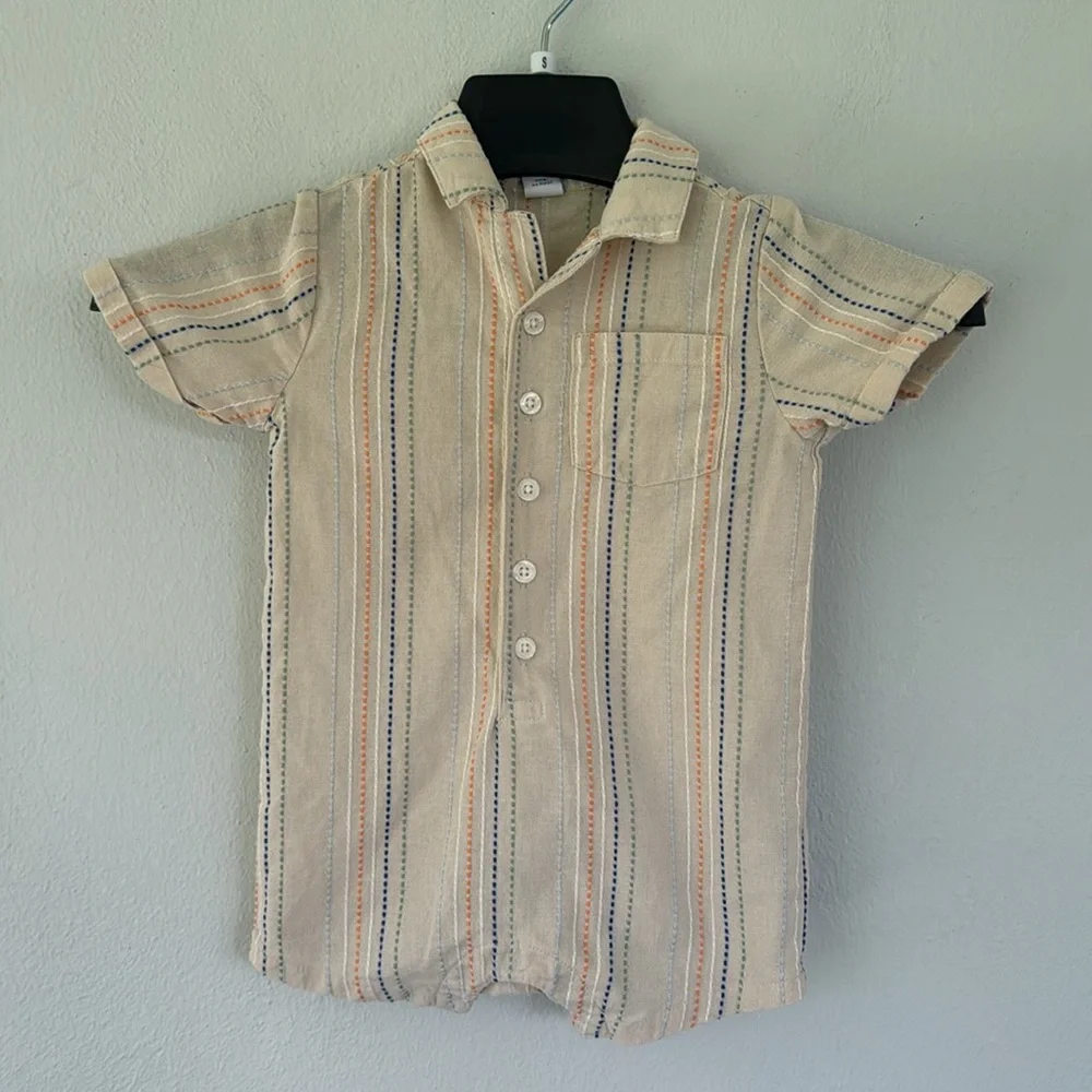 Old Navy peach embroidered texture striped Dobby pocket baby romper size 12-18M